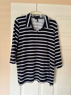 Striped Navy & White 3/4 Sleeve Polo Top